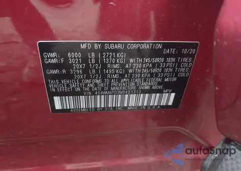 2021 Subaru Ascent Limited from USA, damaged, VIN 4S4WMAPD2M3421313